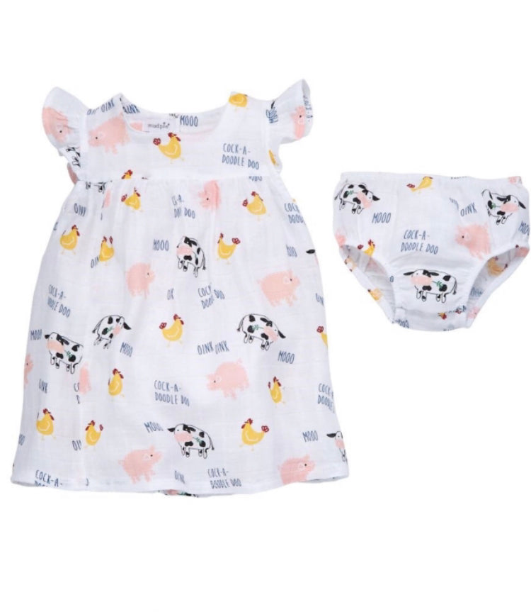 MudPie Girls Muslin Dress - Farm Animals - Crunch Natural Parenting is where to buy
